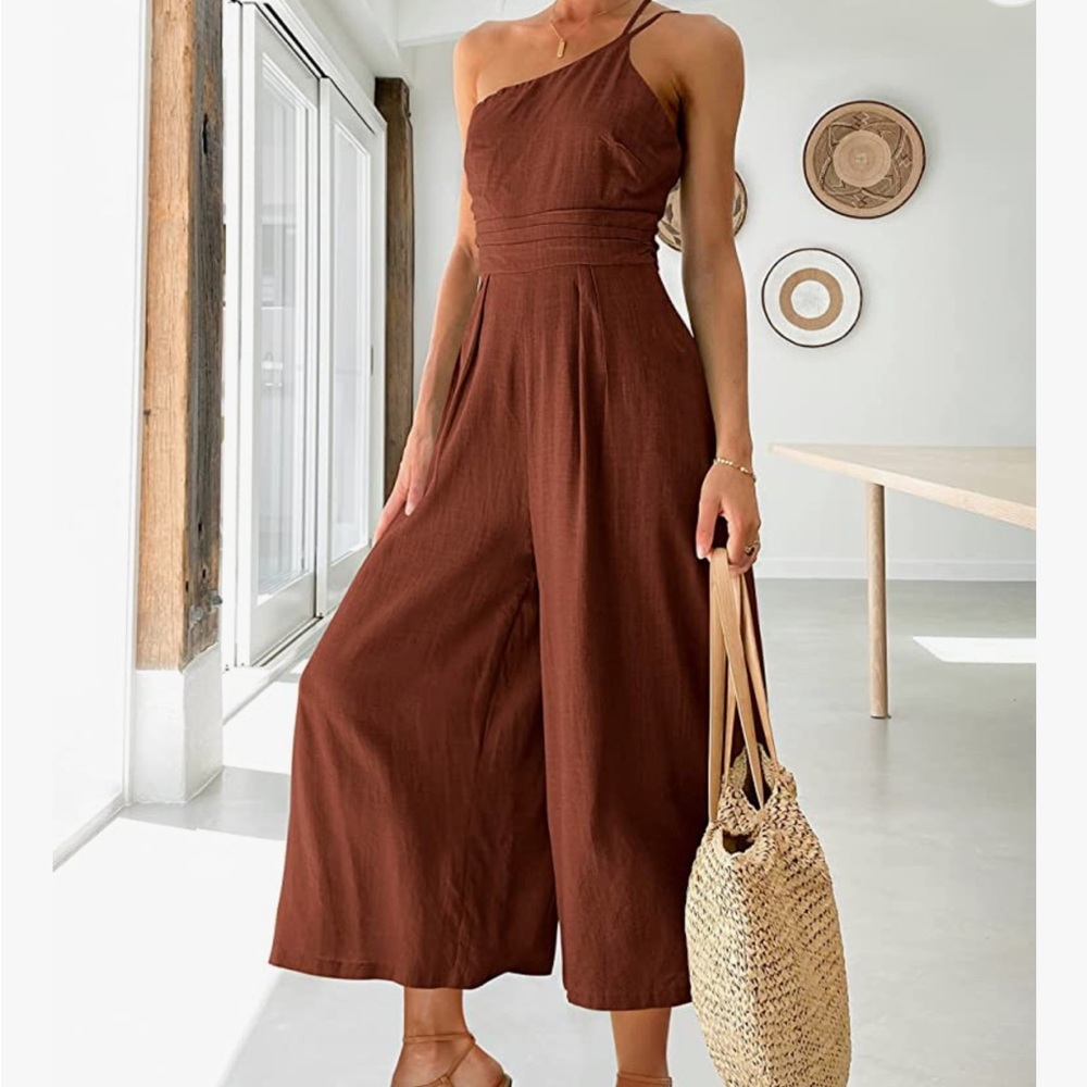 Anrabess Summer High Waist Wide Leg Jumpsuit. Rust color